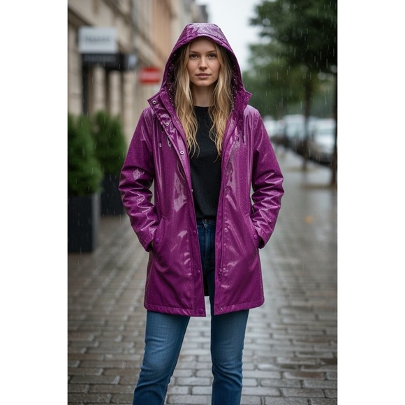 Xhilaration Raincoat Womens Medium Purple vinyl Glossy Hooded Water Resistant - Picture 2 of 6